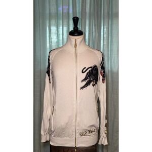Ed Hardy Christian Audigier‎ White Panther Embroidered Zip Up Knit Cardigan L